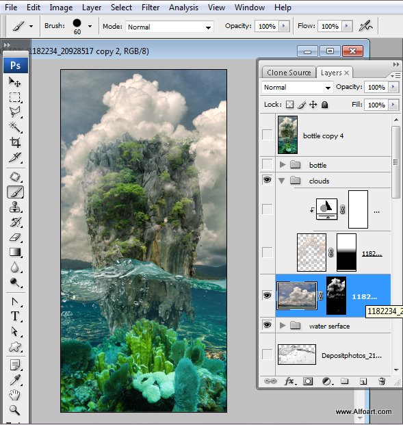Message in a Bottle, bottle splashing in waves, Rough Water Surface, copy space, james bond island, close up of water wave, bubbles, tropic landscape, sea, ocean corals, seascape photomanipulation.
